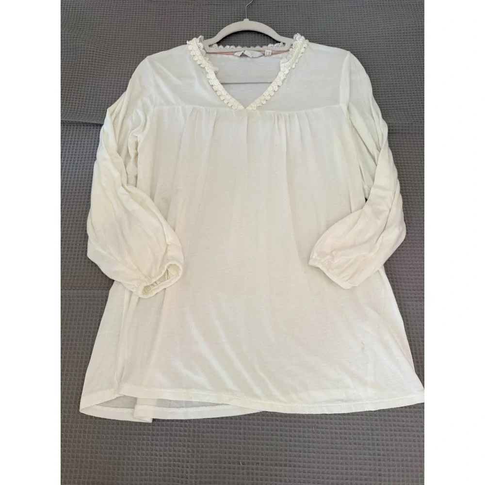 Boden Crochet Lace V-Neck Top US 6 Ivory Modal Long Sleeve Tunic Peasant Cottage